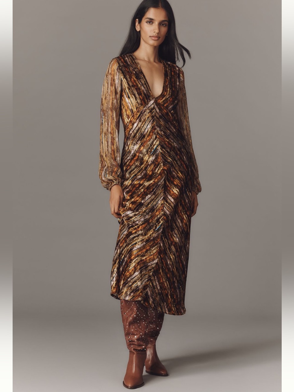 NWT Anthropologie BI-nk Frinaya Long-Sleeve V-Neck Midi Dress, M